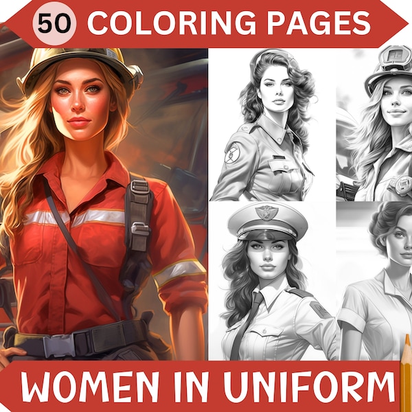 50 pages à colorier femmes en uniforme en niveaux de gris | Livre de coloriage adulte dames imprimable | Téléchargement instantané du fichier PDF / JPG
