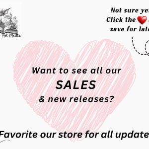 Puede incluir: Un coraz&oacute;n rosa con un contorno garabateado, con el texto "Want to see all our SALES & new releases?" en su interior. El texto "Not sure yet? Click the heart and save for later!" est&aacute; por encima del coraz&oacute;n. El texto "Favorite our store for all updates!" est&aacute; debajo del coraz&oacute;n.
