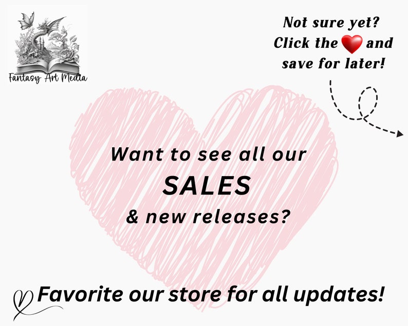Puede incluir: Un coraz&oacute;n rosa con un contorno garabateado, con el texto "Want to see all our SALES & new releases?" en su interior. El texto "Not sure yet? Click the heart and save for later!" est&aacute; por encima del coraz&oacute;n. El texto "Favorite our store for all updates!" est&aacute; debajo del coraz&oacute;n.