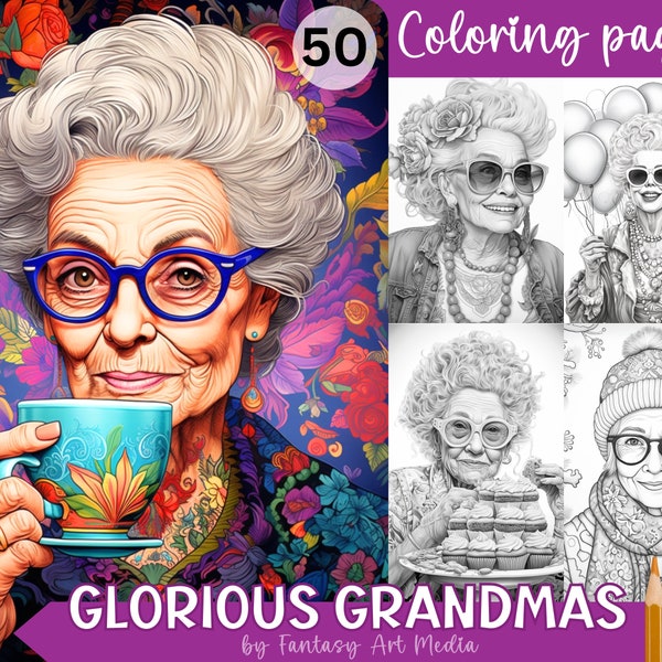 Glorious Grandmas - 50 pages de coloriage pour adultes en niveaux de gris, livre imprimable Senior Crazy Elderly Lady, téléchargement instantané fichier PDF/JPG