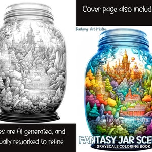 Puede incluir: Un libro para colorear en escala de grises que presenta una escena de fantas&iacute;a de un castillo y un paisaje circundante dentro de un frasco de vidrio. La portada incluye el t&iacute;tulo "Fantasy Jar Scenes" y el texto "Grayscale Coloring Book".