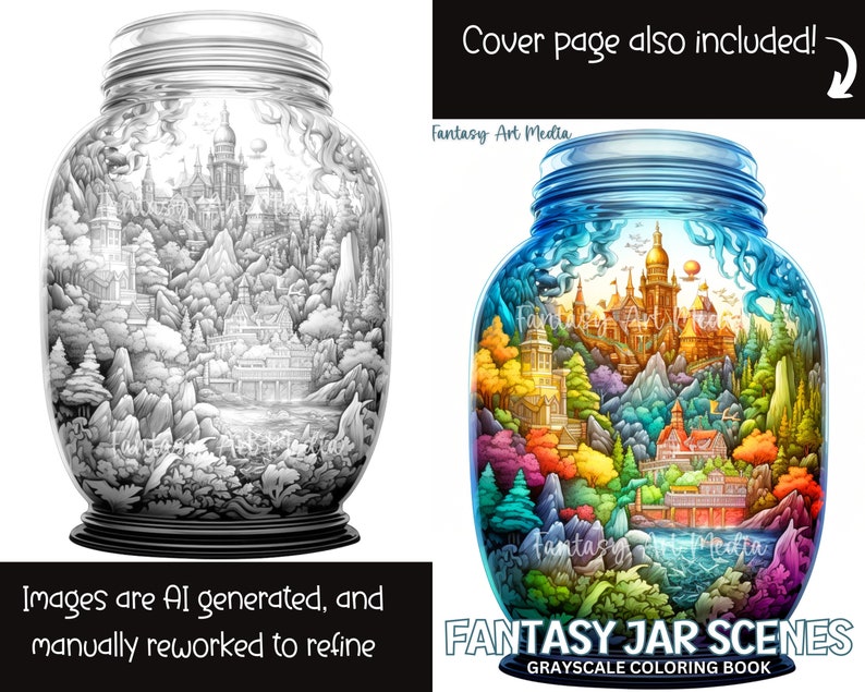 Puede incluir: Un libro para colorear en escala de grises que presenta una escena de fantas&iacute;a de un castillo y un paisaje circundante dentro de un frasco de vidrio. La portada incluye el t&iacute;tulo "Fantasy Jar Scenes" y el texto "Grayscale Coloring Book".