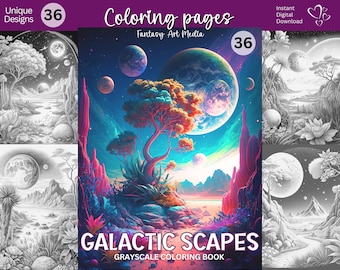 36 páginas para colorear de paisajes galácticos / Libro para colorear de paisajes espaciales fantásticos en escala de grises para adultos / Descarga instantánea en archivo PDF imprimible