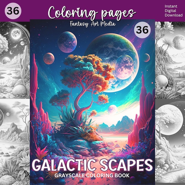 36 Galactic Scapes Coloring Pages | Printable Adult Grayscale Fantasy Space Landscapes Coloring Book | Instant Download Printable PDF file