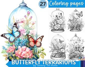 27 Butterfly Terrariums Coloring Pages | Printable Adult Grayscale Insect Coloring Book, Instant Download Printable Butterflies PDF/JPG file