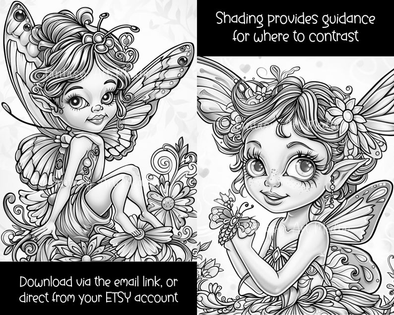 Cute Butterfly Fairies Grayscale Coloring Pages (and Colored Images ...