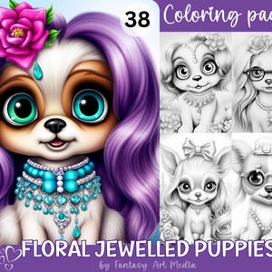 花の宝石をちりばめた子犬のグレースケールぬり絵ページ、大人と子供向けのかわいい印刷可能な面白い子犬、花の本、PDF/JPG ファイルの即時ダウンロード