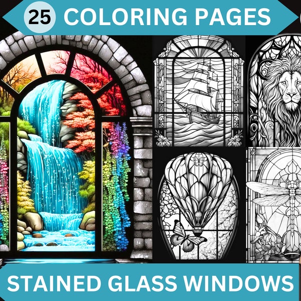 Stained Glass Grayscale Coloring Pages - Etsy