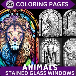 25 Animals Stained Glass Windows Coloring Pages | Printable Adult Grayscale Coloring Book | Instant Download Printable PDF/JPG file
