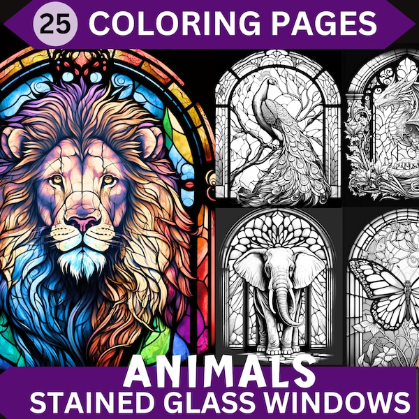 25 coloriages de vitraux animaux | Livre de coloriage imprimable en niveaux de gris pour adultes | Fichier PDF/JPG imprimable à téléchargement instantané