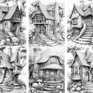 May include: Six black and white illustrations of whimsical stone houses with intricate details. Each house has a unique design, including a treehouse, a cottage with a chimney, and a house with a curved roof. The houses are surrounded by trees and foliage.