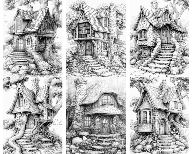 May include: Six black and white illustrations of whimsical stone houses with intricate details. Each house has a unique design, including a treehouse, a cottage with a chimney, and a house with a curved roof. The houses are surrounded by trees and foliage.