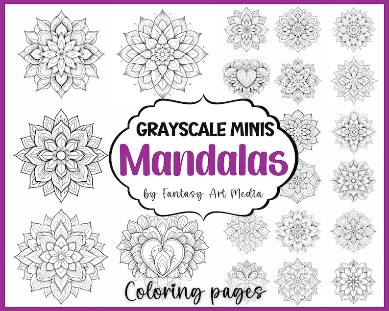 May include: A set of 20 black and white mandala colouring pages. The title "Grayscale Minis Mandalas by Fantasy Art Media" is at the top of the page. The text "Colouring pages" is at the bottom of the page.
