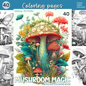 40 kolorowanek z magicznymi grzybami | Kolorowanka dla dorosłych w skali szarości do druku | Natychmiastowe pobranie pliku JPG/PDF do druku