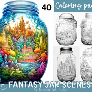 Puede incluir: 40 p&aacute;ginas para colorear: Escenas de tarros de fantas&iacute;a por Fantasy Art Media. Una ilustraci&oacute;n colorida de un tarro lleno de un paisaje de fantas&iacute;a, monta&ntilde;as, &aacute;rboles y un castillo. Cuatro p&aacute;ginas para colorear en blanco y negro de tarros con diferentes escenas de fantas&iacute;a.