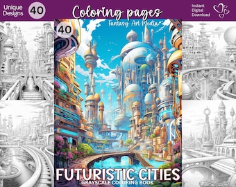 Futuristic Cities Coloring Pages, Printable Adult Fantasy Magical Fairytale Grayscale Coloring Book, Instant Download Printable PDF/JPG file