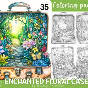 Enchanted Floral Cases Coloring Pages, Printable Grayscale Adult Fantasy Garden Flowers Suitcase Book, Instant Download Printable PDF/JPG