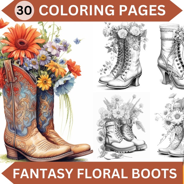 30 Floral Boots Coloring Pages | Printable Adult Grayscale Coloring Book | Instant Download Printable PDF/JPG file