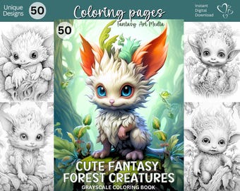 Cute Fantasy Forest Creatures Grayscale Coloring Pages, Adult Printable Tree Nature Animals Critters Book, Instant Download PDF/JPG files
