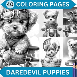 40 Cute Daredevil Puppies Grayscale Coloring Pages | Printable Adult Animal Coloring Book | Instant Download Printable PDF/JPG files
