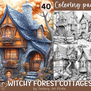 May include: A set of 40 coloring pages featuring whimsical witchy forest cottages. The cottages are drawn in black and white with intricate details, perfect for adults and children who enjoy fantasy and magical themes.