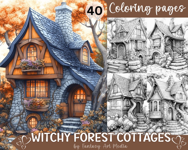May include: A set of 40 coloring pages featuring whimsical witchy forest cottages. The cottages are drawn in black and white with intricate details, perfect for adults and children who enjoy fantasy and magical themes.