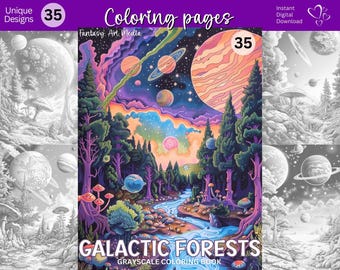 Galactic Forests Coloring Pages, Printable Adult Grayscale Fantasy Space Landscapes Coloring Book, Instant Download Printable PDF/JPG file