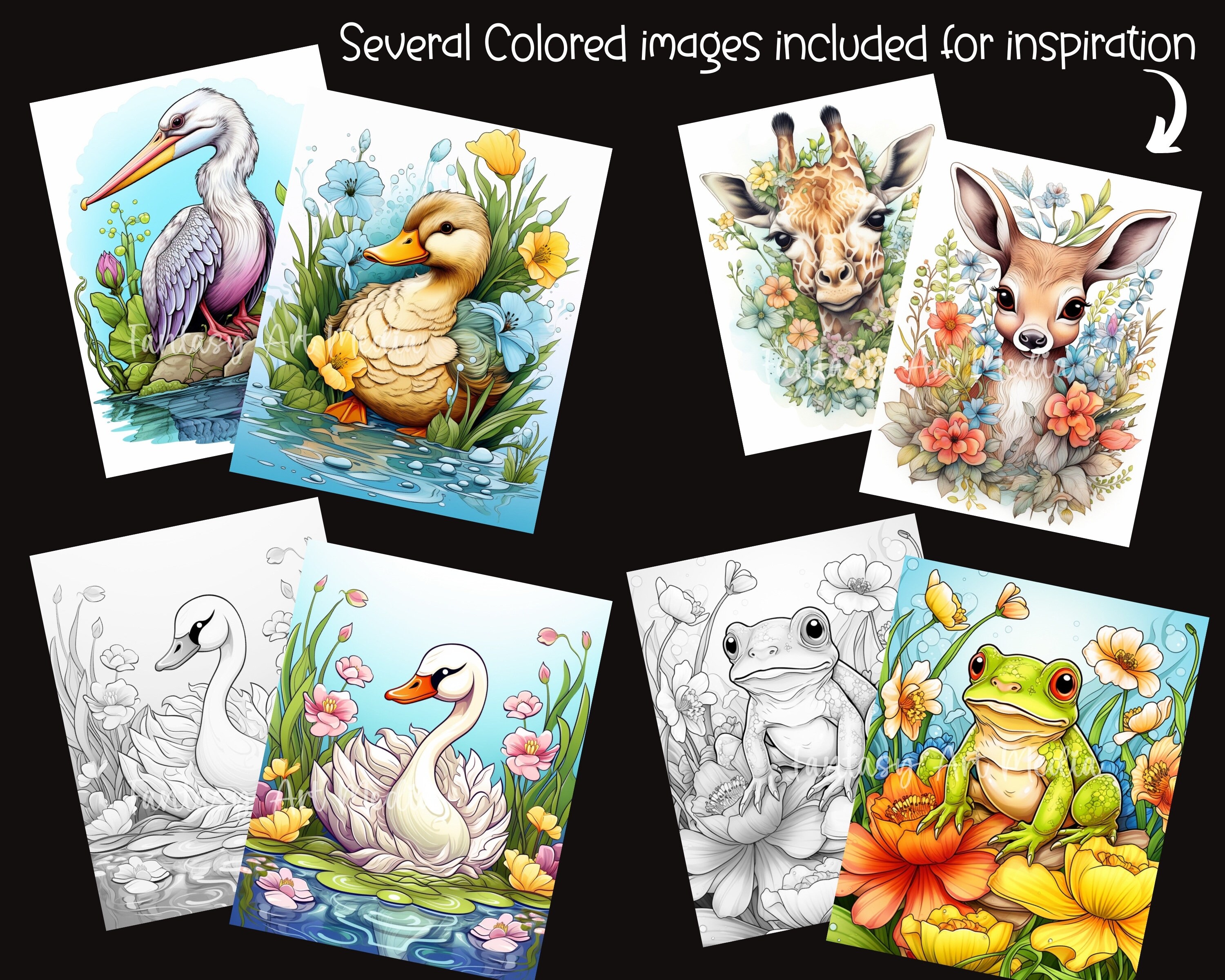 Cute Spring Animals Grayscale Coloring Pages, Printable Adult Floral ...