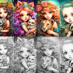 May include: A digital collage of ten images featuring whimsical illustrations of girls with animal companions. Each girl has a flower crown and is holding a different animal, including a koala, a fox, a lion cub, a panda, and a kitten. The images are in a variety of colors and styles, with some being more realistic and others being more cartoonish.
