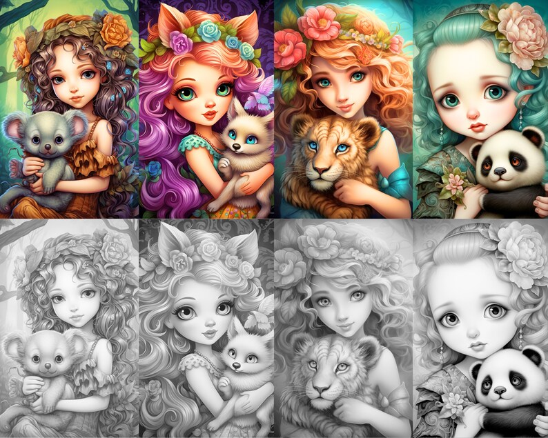 May include: A digital collage of ten images featuring whimsical illustrations of girls with animal companions. Each girl has a flower crown and is holding a different animal, including a koala, a fox, a lion cub, a panda, and a kitten. The images are in a variety of colors and styles, with some being more realistic and others being more cartoonish.