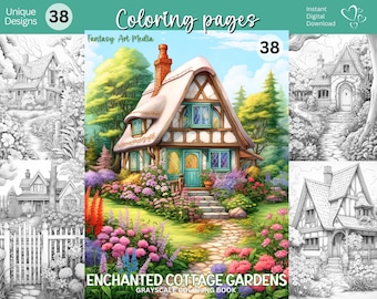Enchanted Cottage Gardens Coloring Pages, 38 Printable Adult Grayscale Houses / Homes Coloring Book, Instant Download Printable PDF/JPG file