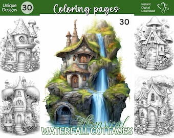 Whimsical Waterfall Cottages Coloring Pages: 30 Quirky Fairy Houses (Printable PDF/JPG)