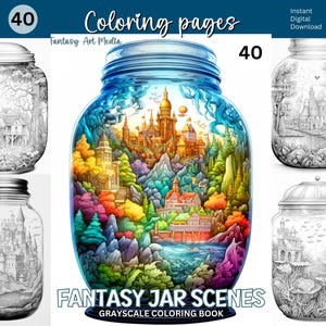Páginas para colorear de escenas de frascos de fantasía / Libro para colorear imprimible en escala de grises de un mundo mágico de cuentos de hadas para adultos. Descarga instantánea en archivo PDF/JPG imprimible. imagen 1