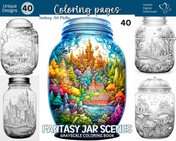 Fantasy Jar Scenes Coloring Pages | Printable Adult Magical Fairytale World Grayscale Coloring Book, Instant Download Printable PDF/JPG file