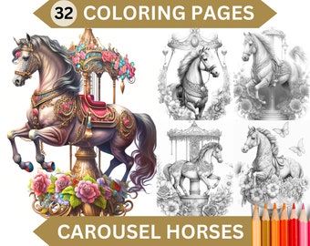 32 Carousel Horses Grayscale Coloring Pages | Printable Adult Coloring Book | Instant Download Printable PDF/JPG files