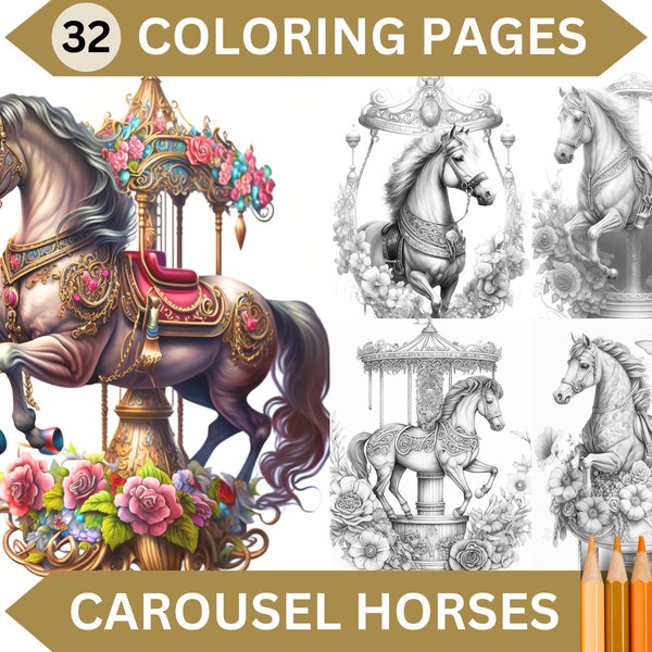 32 Carousel Horses Grayscale Coloring Pages | Printable Adult Coloring Book | Instant Download Printable PDF/JPG files