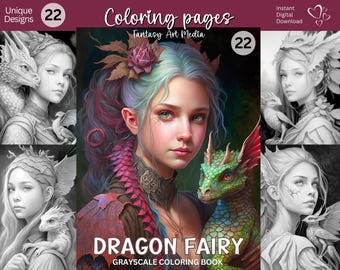 20 Dragon Fairy Grayscale Coloring Pages, Printable Adult Woman & Animal Fantasy Fairies Coloring Book, Instant Download Printable PDF file
