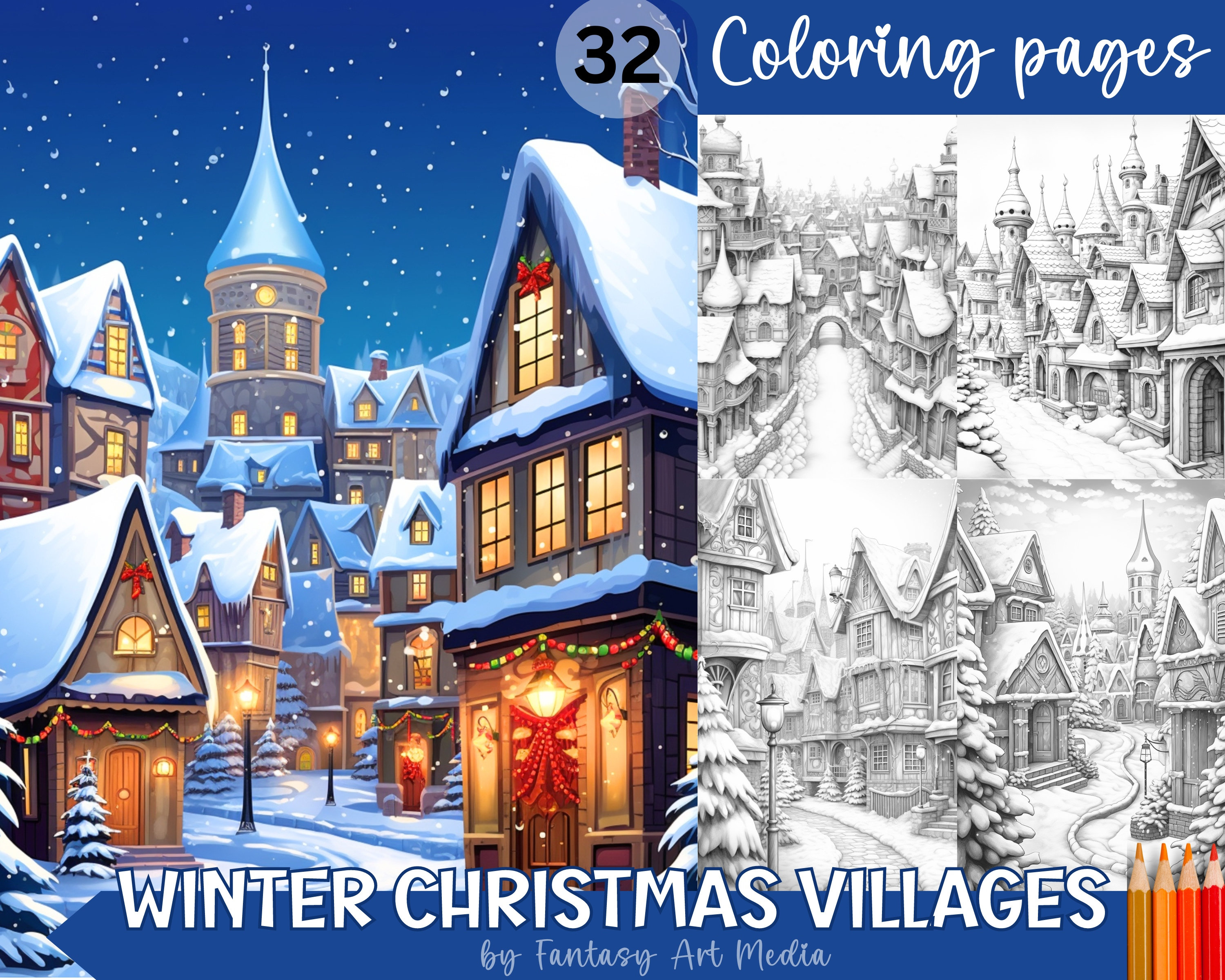 Christmas Villages Coloring Pages: 32 Winter Grayscale Designs