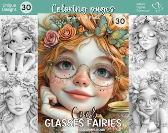 Cool Glasses Fairies Light Grayscale Coloring Pages - Fantasy Women Printable Whimsical Cute Fairy Girls Book Instant Download JPG/PDF file