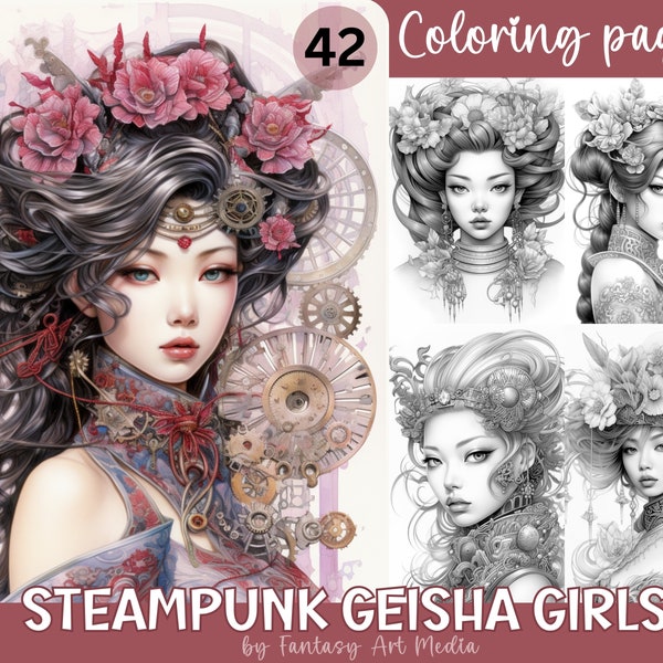 Steampunk Geisha Girl Grayscale Japanese Women Coloring Pages | Printable Adult Coloring Book | Instant Download Printable PDF / JPG files