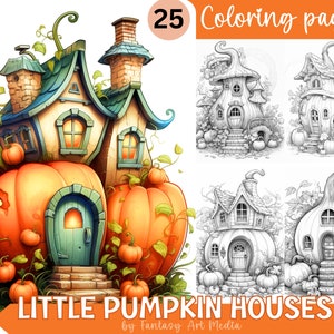 25 Little Pumpkin Houses Coloring Pages | Printable Adult Grayscale Autumn/Fall Fairy House Book | Instant Download Printable PDF/JPG file