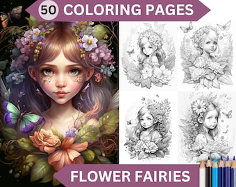 50 Cute Flower Fairies Grayscale Coloring Pages | Printable Adult Coloring Book | Instant Download Printable PDF file