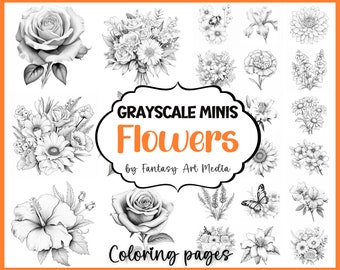 Grayscale Minis "Flowers" Coloring Pages, Printable Adult Small Nature Garden Colouring Book, Instant Download Tiny Printable PDF/JPG files