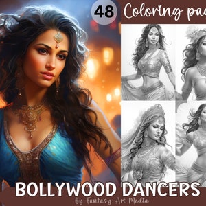 Bollywood Dancers - 48 Wunderschöne Graustufen Indianer Frauen Malvorlagen | Druckbare Malbuch für Erwachsene | Sofortiger Download PDF / JPG Dateien