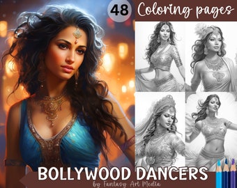 Bollywood Dancers - 48 Gorgeous Grayscale Indian Women Coloring Pages | Printable Adult Coloring Book | Instant Download PDF / JPG files