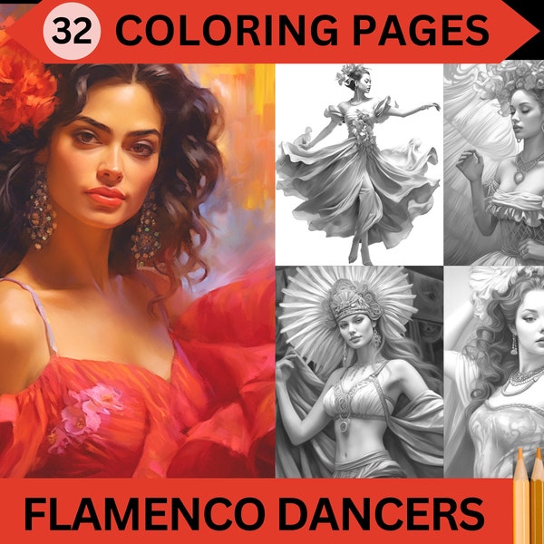 32 Flamenco Dancers Grayscale Women Coloring Pages | Printable Ladies Adult Coloring Book | Instant Download PDF / JPG file