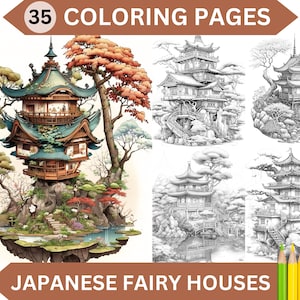35 Japanese Fairy Houses Coloring Pages | Printable Adult Grayscale Coloring Book | Instant Download Printable PDF/JPG file