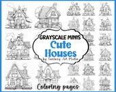 Grayscale Minis "Cute Houses" Coloring Pages, Printable Adult Small Colouring Book, Instant Download Tiny Homes Printable PDF/JPG files