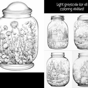 Puede incluir: Cuatro ilustraciones en blanco y negro de tarros de cristal con diferentes escenas en su interior. Los tarros son todos del mismo tama&ntilde;o y forma. El primer tarro contiene una variedad de plantas y flores. El segundo tarro contiene una peque&ntilde;a casa con una monta&ntilde;a en el fondo. El tercer tarro contiene una peque&ntilde;a casa con un &aacute;rbol en el fondo. El cuarto tarro contiene una peque&ntilde;a casa con un &aacute;rbol y un puente en el fondo. El texto "Light grayscale for all coloring abilities!" est&aacute; en la parte superior de la imagen.