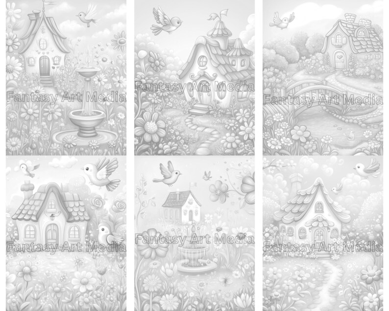 Grayscale Coloring Pages Adorable Cute Cottages Quirky Printable ...